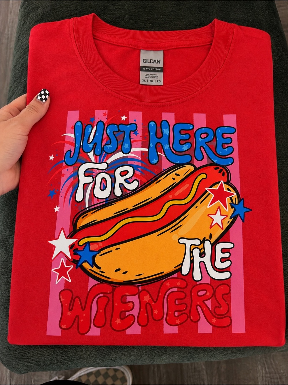 Gildan Red Short-Sleeve Tee with Hot Dog Graphic